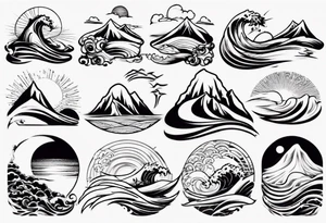 mountains, beach, waves, sun tattoo idea