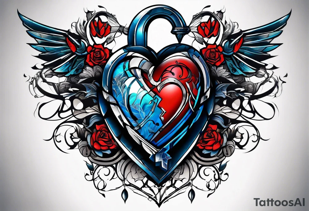 create a tattoo for men chest, the tattoo would be a big broken heart with red and blue colors, and around the heart, would be blue and red tribal shapes tattoo idea