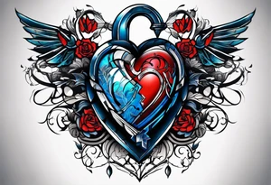 create a tattoo for men chest, the tattoo would be a big broken heart with red and blue colors, and around the heart, would be blue and red tribal shapes tattoo idea