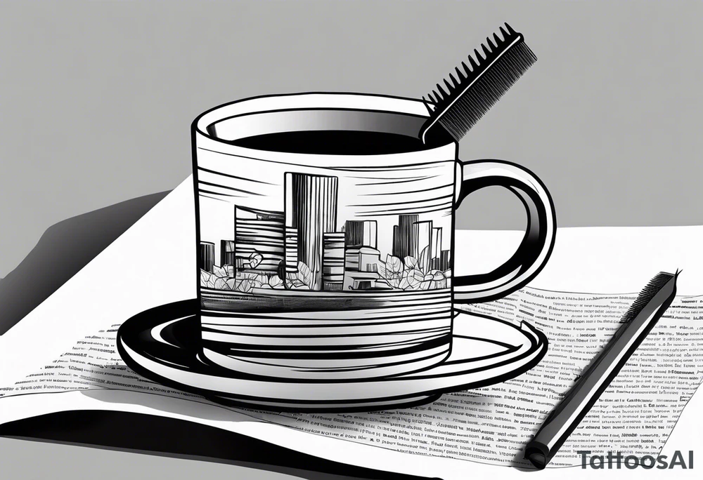 Cylindrical Coffee mug sitting on top of a folded newspaper, with a comb inside of the coffee mug tattoo idea