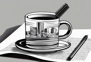 Cylindrical Coffee mug sitting on top of a folded newspaper, with a comb inside of the coffee mug tattoo idea