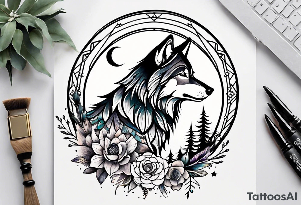 A whimsical wolf tattoo featuring mandala or dream catcher elements, with the wolf as the central focus. Show the wolves whole body standing surrounded by mountains in the background. Include flowers and nature elements to fill the space around the wolf. Some color but not completely solid bold color tattoo idea