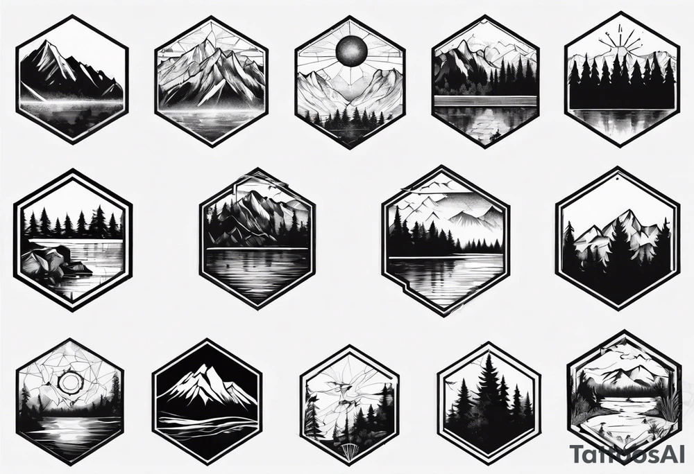 Several connected hexagons with various landscapes inside including mountain , sun, coniferous forest and lake tattoo idea Several connected hexagons with various landscapes inside including mountain , sun, coniferous forest and lake tattoo idea