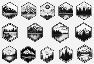 Several connected hexagons with various landscapes inside including mountain , sun, coniferous forest and lake tattoo idea