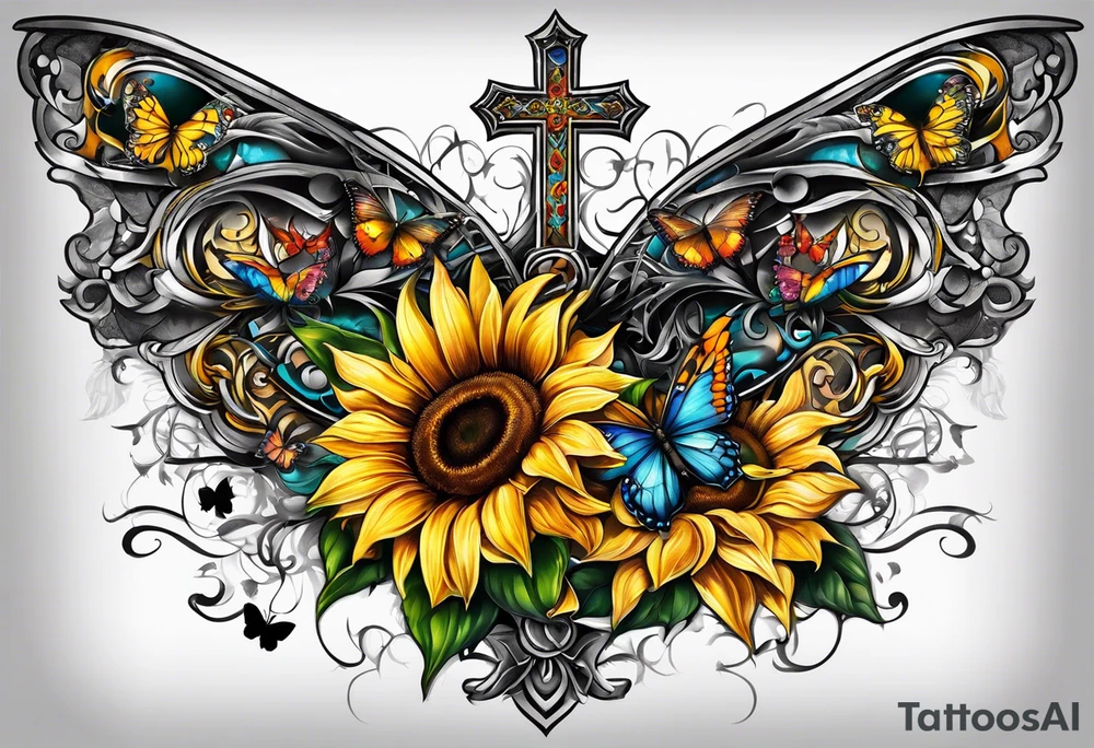 Winged cross with sunflower and butterflies tattoo idea