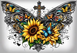 Winged cross with sunflower and butterflies tattoo idea