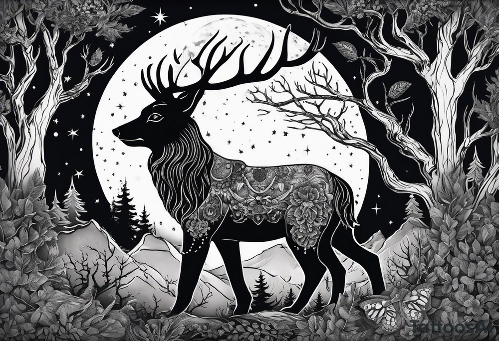 Lupo nella foresta con luna piena tattoo idea
