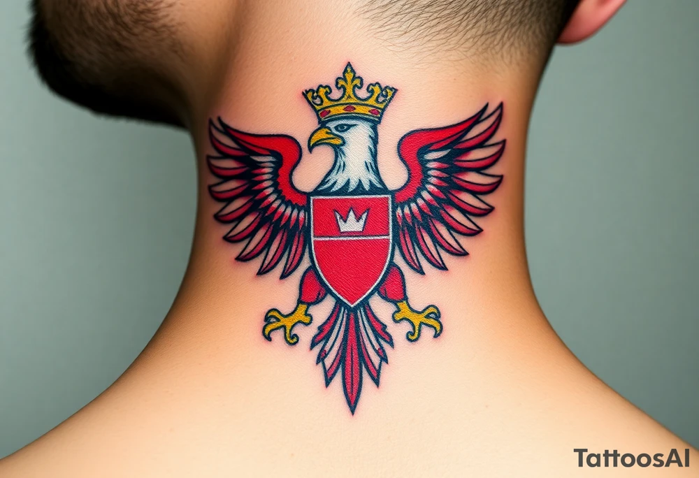 A majestic red and white Moravian eagle with golden crown on its head with a shield, featuring the traditional Moravian coat of arms tattoo idea