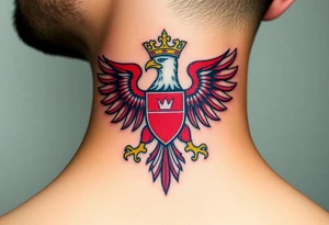 A majestic red and white Moravian eagle with golden crown on its head with a shield, featuring the traditional Moravian coat of arms tattoo idea
