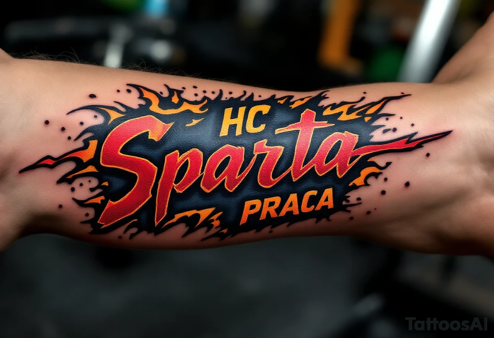 A bold red and yellow "HC Sparta PRAHA" logo blazing across a muscular forearm with icy blue shading. tattoo idea
