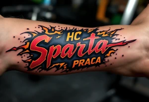 A bold red and yellow "HC Sparta PRAHA" logo blazing across a muscular forearm with icy blue shading. tattoo idea