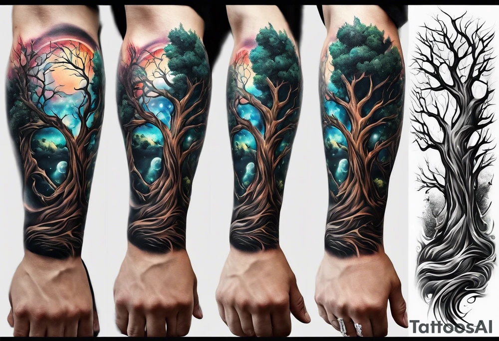 A religious christian forearm tattoo portraying redemption represented by a tree progressing from death to life tattoo idea