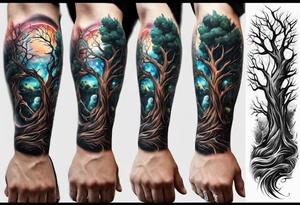 A religious christian forearm tattoo portraying redemption represented by a tree progressing from death to life tattoo idea