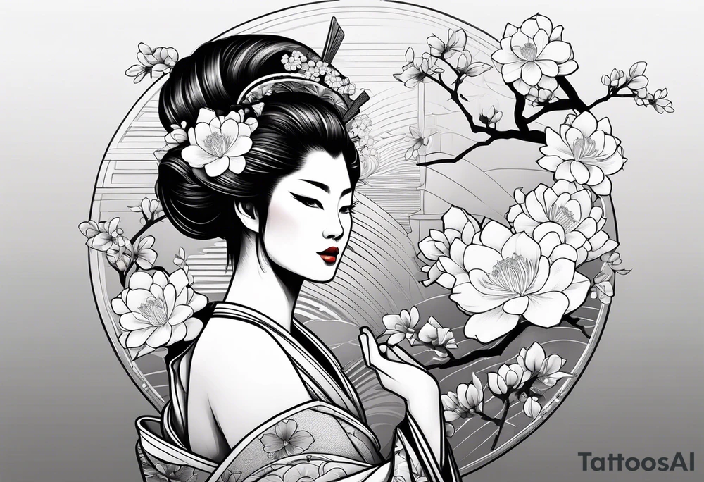 Japanese geisha with ox and sakura flowers tattoo idea