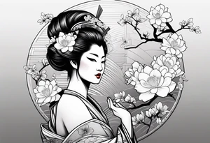 Japanese geisha with ox and sakura flowers tattoo idea