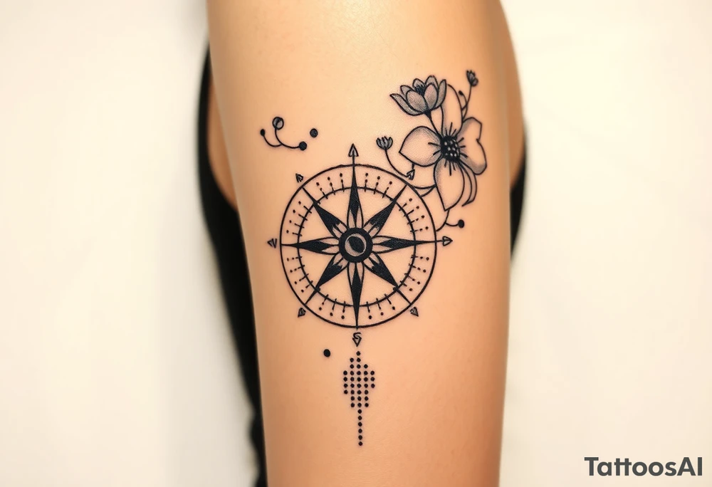 Abstract Compass with large wild flowers flowing above and below the compass tattoo idea