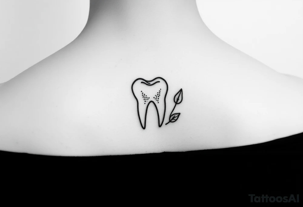 Tiny line-art molar tooth outlined in black with a crescent moon on one side and a single leaf on the other, minimal dot-work texture, elegant and dainty tattoo idea