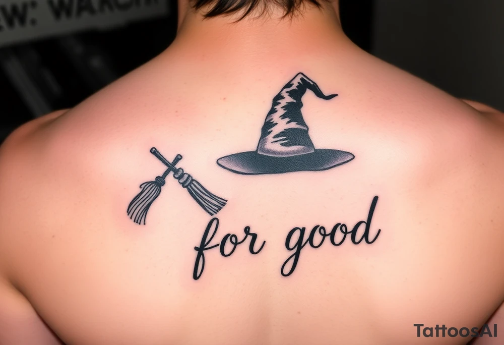 Wicked Broadway theme with a wand, broom, witch hat. Then the lettering “for good” tattoo idea
