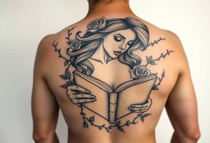 Pretty lady reading a book imagining a magical fairy world like a court of thorns and roses tattoo idea