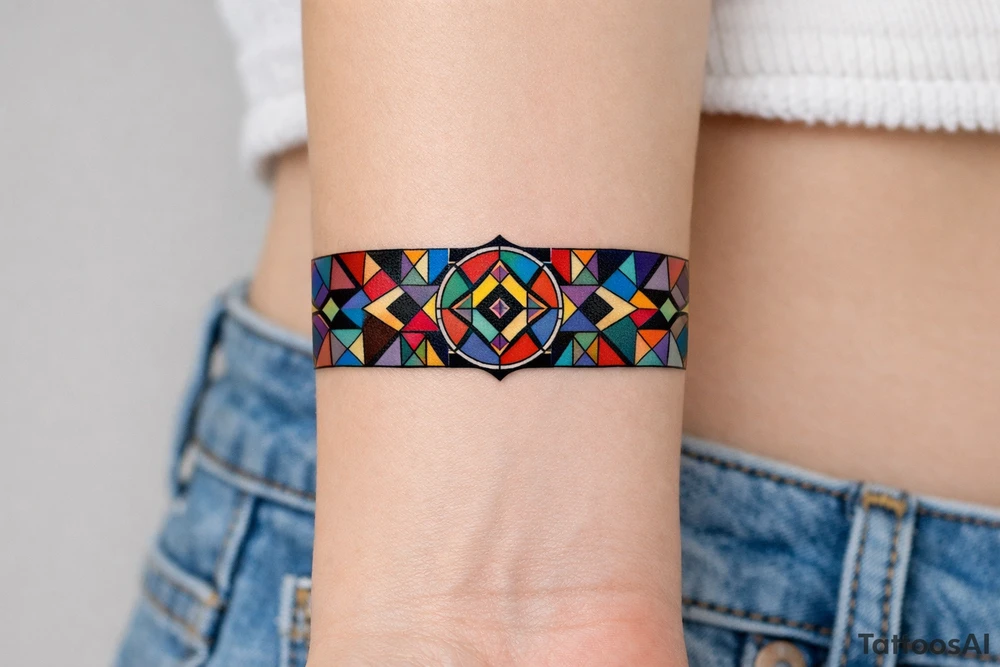 Wide Wrist band, abstract, geometric, full of various colors. tattoo idea