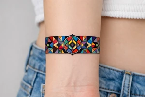 Wide Wrist band, abstract, geometric, full of various colors. tattoo idea