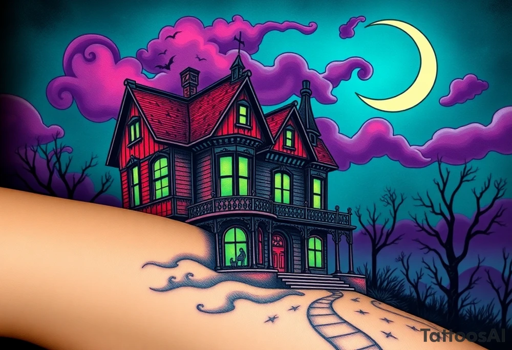 Tim Burton’s haunted victorian home is abandoned and dripping with muted reds, dusty pinks, and eerie green glow.purple and cyan smokey clouds swirl in the crescent moonlit sky thats sprinkled with stars tattoo idea tattoo idea