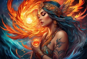 Resurrection strength and courage overcoming trauma Beautiful Woman leaving a world of fire, chaos and fear  to inner peace and self-love  ethereal tattoo idea