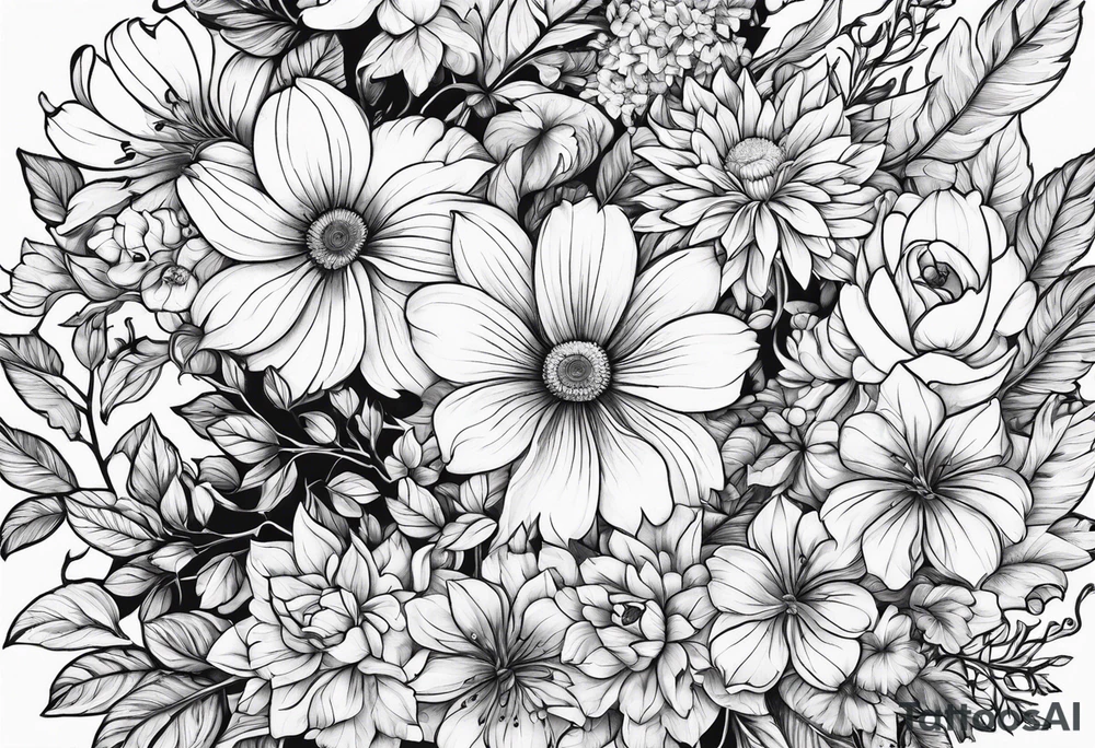 multiple flowers interacting with vines tattoo idea