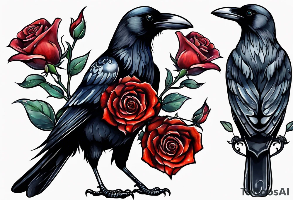 Crow standing holding a red rose tattoo idea