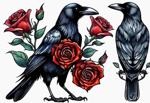 Crow standing holding a red rose tattoo idea