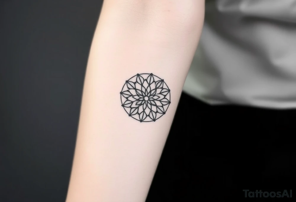 A minimalist black ink Flower of Life, centered on the forearm, with perfect geometric symmetry in cyrcle round tattoo idea