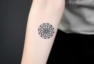 A minimalist black ink Flower of Life, centered on the forearm, with perfect geometric symmetry in cyrcle round tattoo idea