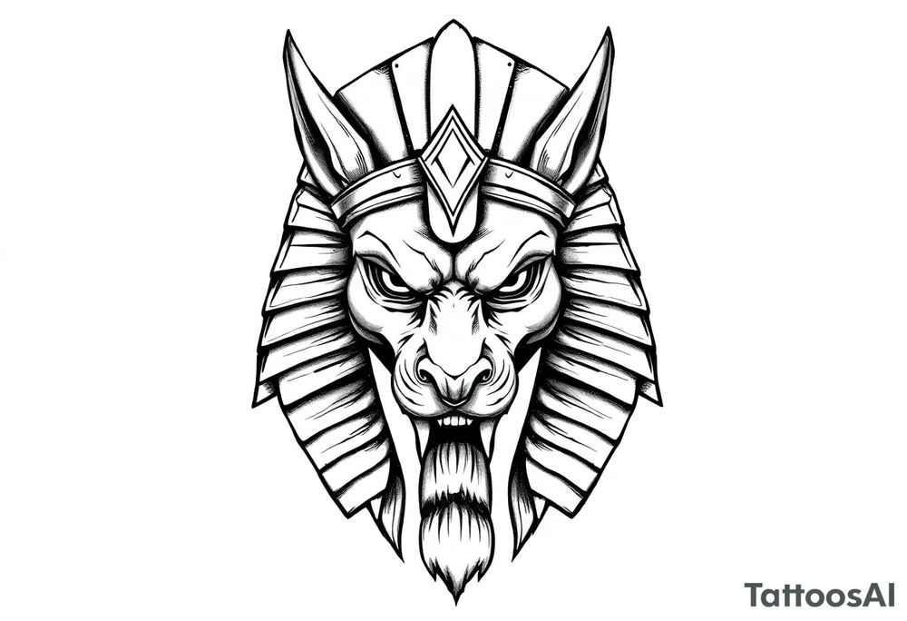 powerful majestic muscle anubis Egyptian god face without eyes with mantle on head tattoo idea
