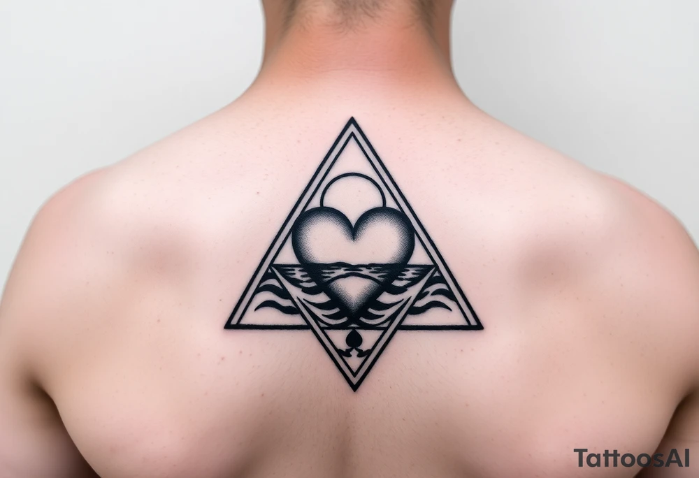 A triangle with a heart in the center and a ocean scene in background tattoo idea