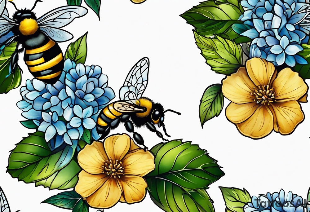 Small tattoo. There’s a hydrangea and a bee but they are not touching. The bee is small and off to the side. tattoo idea