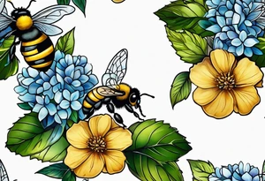 Small tattoo. There’s a hydrangea and a bee but they are not touching. The bee is small and off to the side. tattoo idea