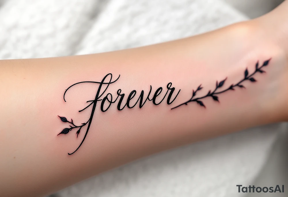 The word "forever" written in flowing black script, wrapped in a red rose stem with soft thorns. tattoo idea The word "forever" written in flowing black script, wrapped in a red rose stem with soft thorns. tattoo idea