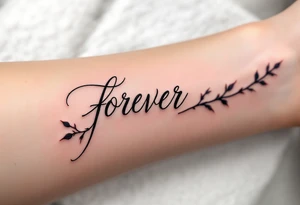 The word "forever" written in flowing black script, wrapped in a red rose stem with soft thorns. tattoo idea