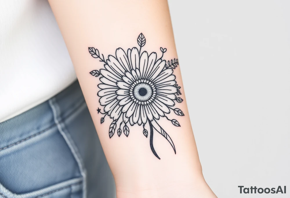 Gerbera daisy bouquet with other flowers and ribbons tattoo idea