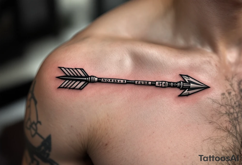 A silver and steel arrow with Norse runes engraved along its shaft, representing ancient wisdom and warrior spirit. tattoo idea