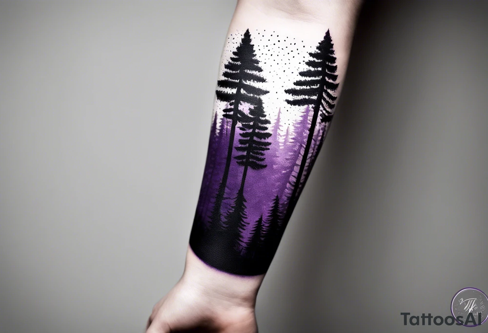 forest, purple and black, covered from wrist to forearm, fully covered, no borders, blackwork tattoo idea