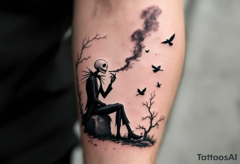 jack skellington smoking,sitting on tombstone, birds, thunderstorm tattoo idea