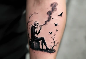 jack skellington smoking,sitting on tombstone, birds, thunderstorm tattoo idea