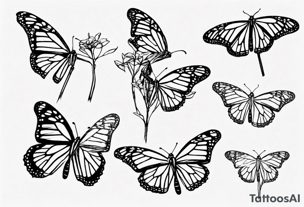realistic monarch butterfly simple black outline sitting on a stick with wings slightly closed tattoo idea