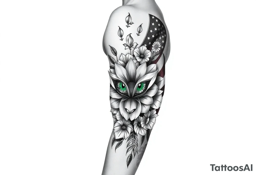 vintage bouquet of flowers , deer prints, river flower through a mountain with green eyes in it American flag wrapped around arm vintage car parts incorporated tattoo idea