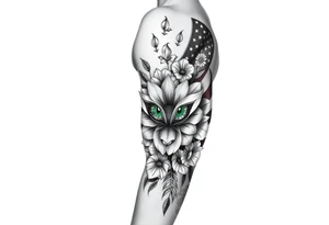 vintage bouquet of flowers , deer prints, river flower through a mountain with green eyes in it American flag wrapped around arm vintage car parts incorporated tattoo idea