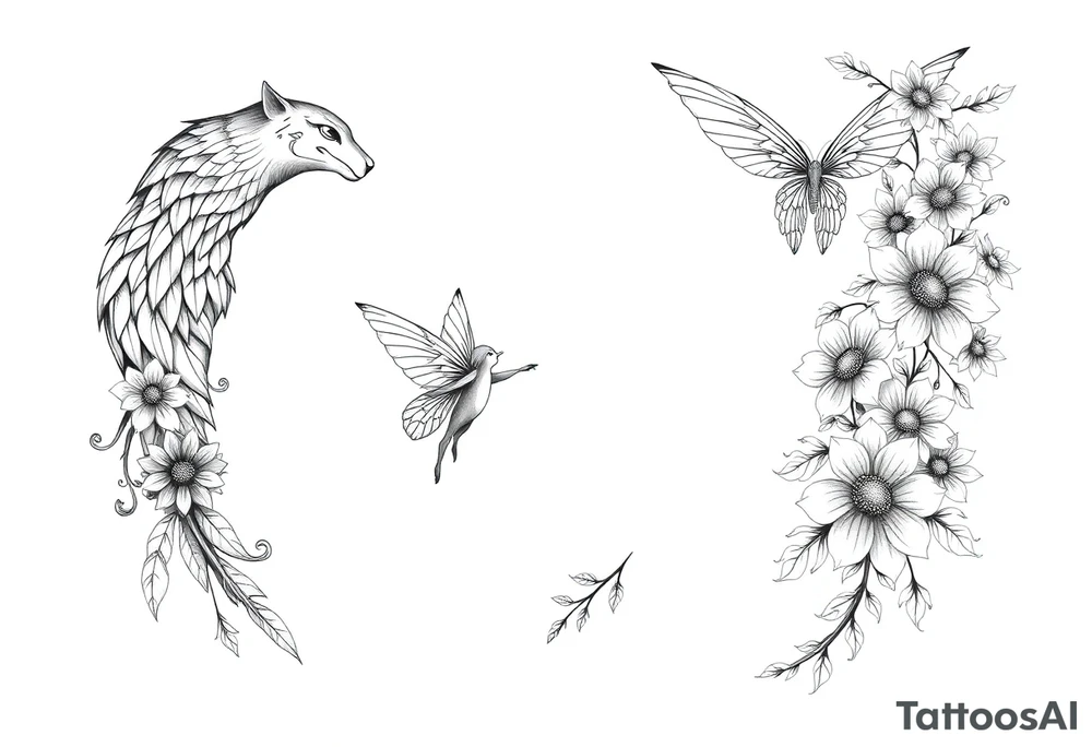 Magical powerful animal sleeve with fairies and flowers tattoo idea