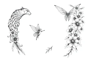 Magical powerful animal sleeve with fairies and flowers tattoo idea