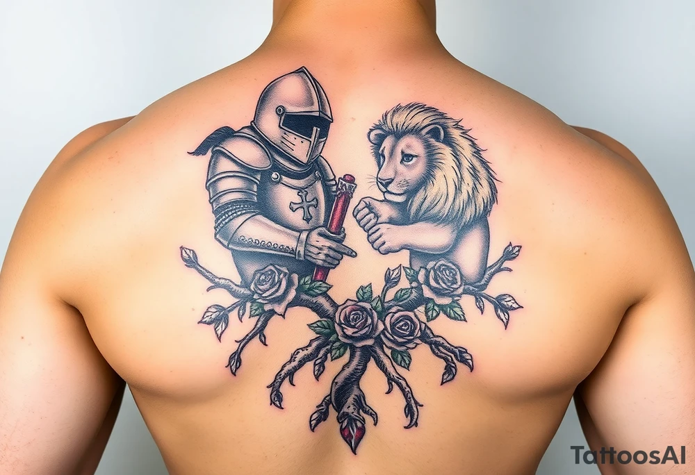 knight and Lion intertwined with tree roots and roses rolling dice tattoo idea