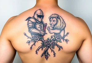 knight and Lion intertwined with tree roots and roses rolling dice tattoo idea